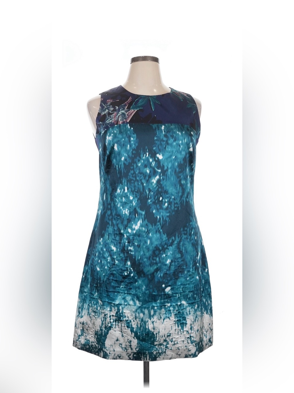 Tahari Teal & Navy Abstract Print Sleeveless Shift Dress Size 14
